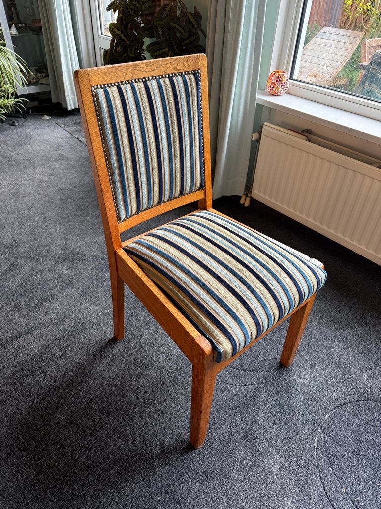 Eikenhouten vintage eetkamerstoelen (6 stuks), Huis en Inrichting, Ophalen, Hout, Gebruikt, Blauw