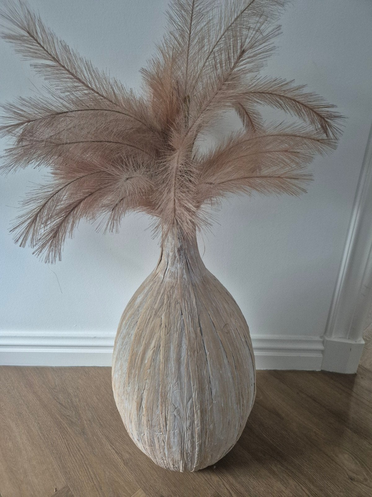 Mooie vaas van zeegras met pluimen, 62 cm hoog, Gebruikt, Beige, Natuurlijk materiaal, Ophalen of Verzenden