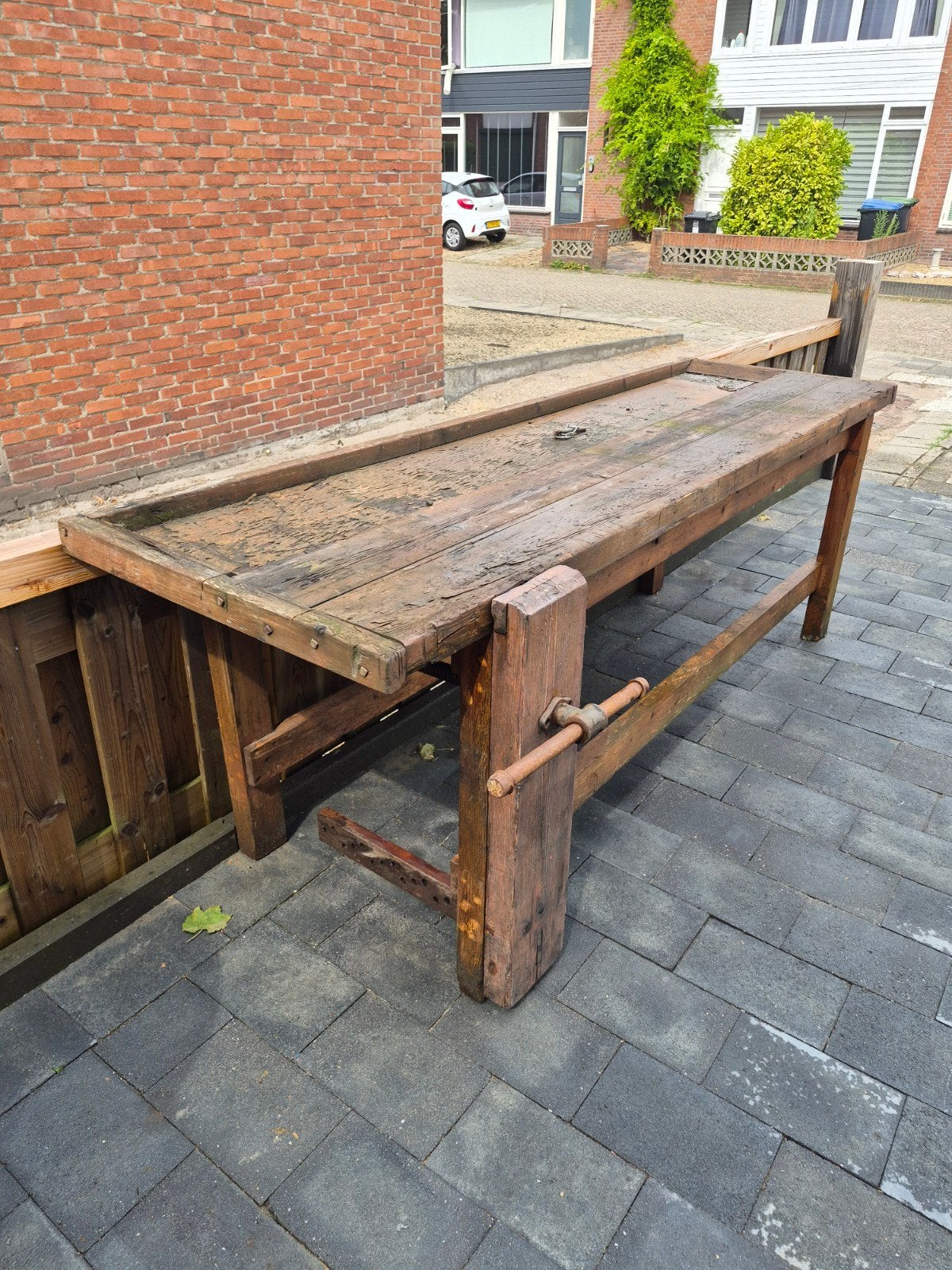Oude vakwerkbank werkbank hout 257cm lang Brocante, Doe-het-zelf en Verbouw, Werkbanken, Ophalen, Gebruikt