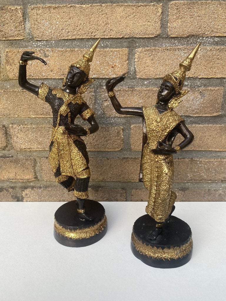 Authentieke Thaise Apsara Beelden Verguld Brons – Set van 2, Ophalen of Verzenden