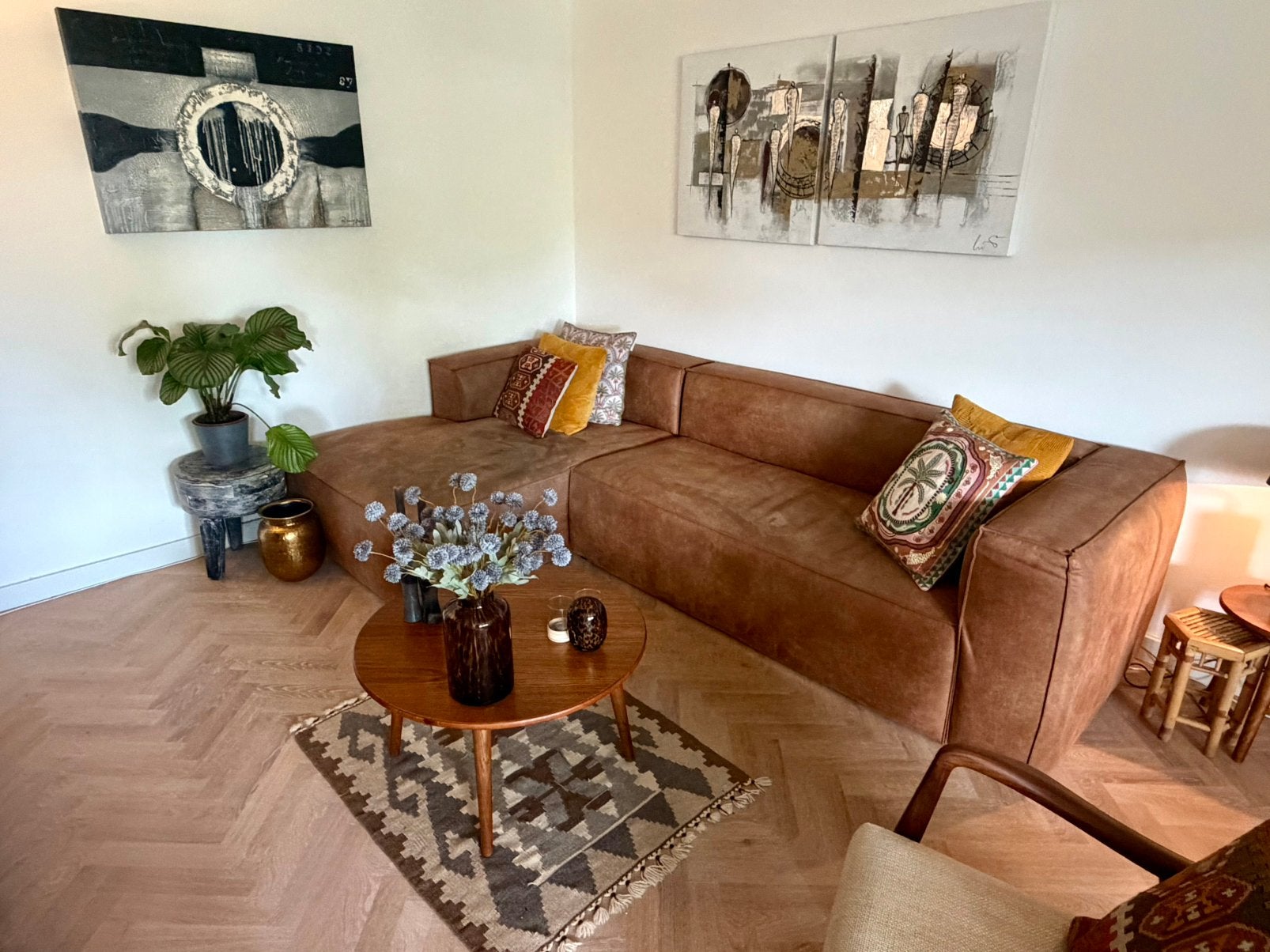 Woood Bean cognac ecoleder hoekbank links, Ophalen, Zo goed als nieuw