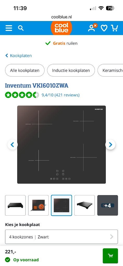 Inventum Kookplaat, Ophalen, 50 tot 100 cm, Zo goed als nieuw, Minder dan 100 cm