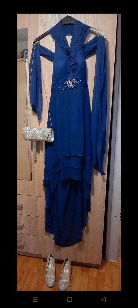 Galajurk met zilveren hakken (maat 39) en tasje, Kleding | Dames, Gelegenheidskleding, Maat 38/40 (M), Galajurk, Blauw, Ophalen of Verzenden