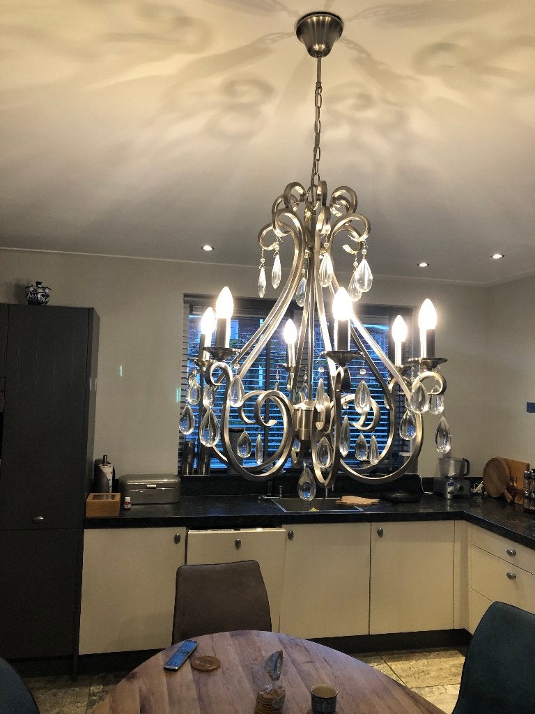 Elegante kroonluchter met kristallen hangers, Gebruikt, E14 (klein), Glas, Klassiek, Elegant, Barok