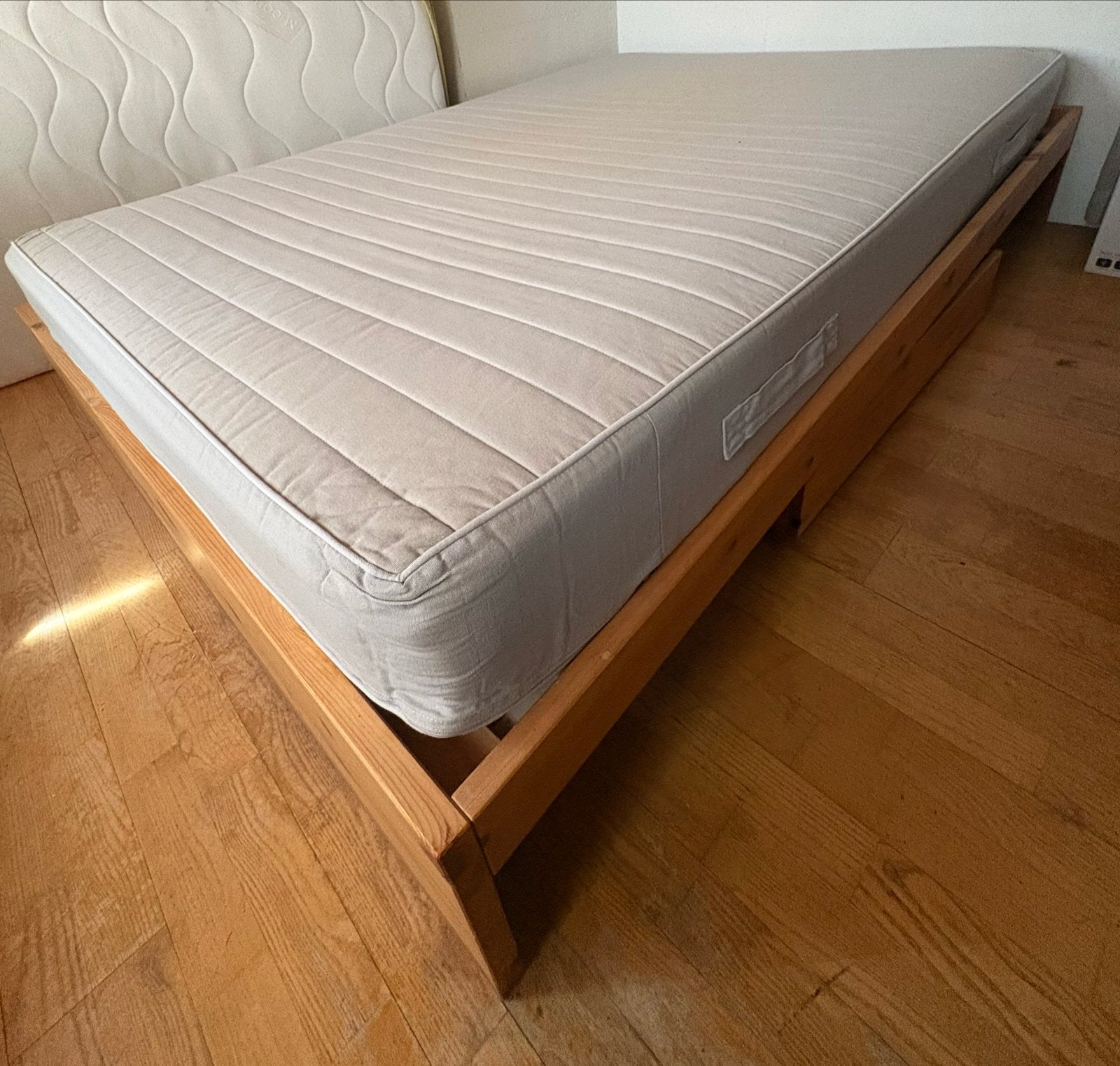 Tweepersoons bed met lattenbodem en opberglade, Ophalen, Gebruikt, Bruin, Tweepersoons