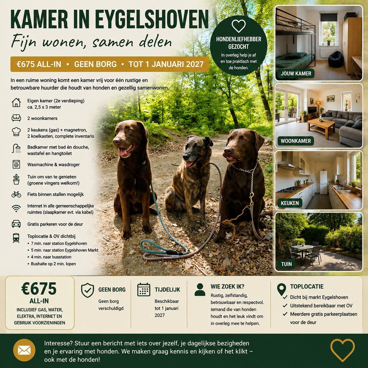 Kamer in Eygelshoven – €675 all-in, geen borg, tuin & goed O, Huizen en Kamers, 50 m² of meer