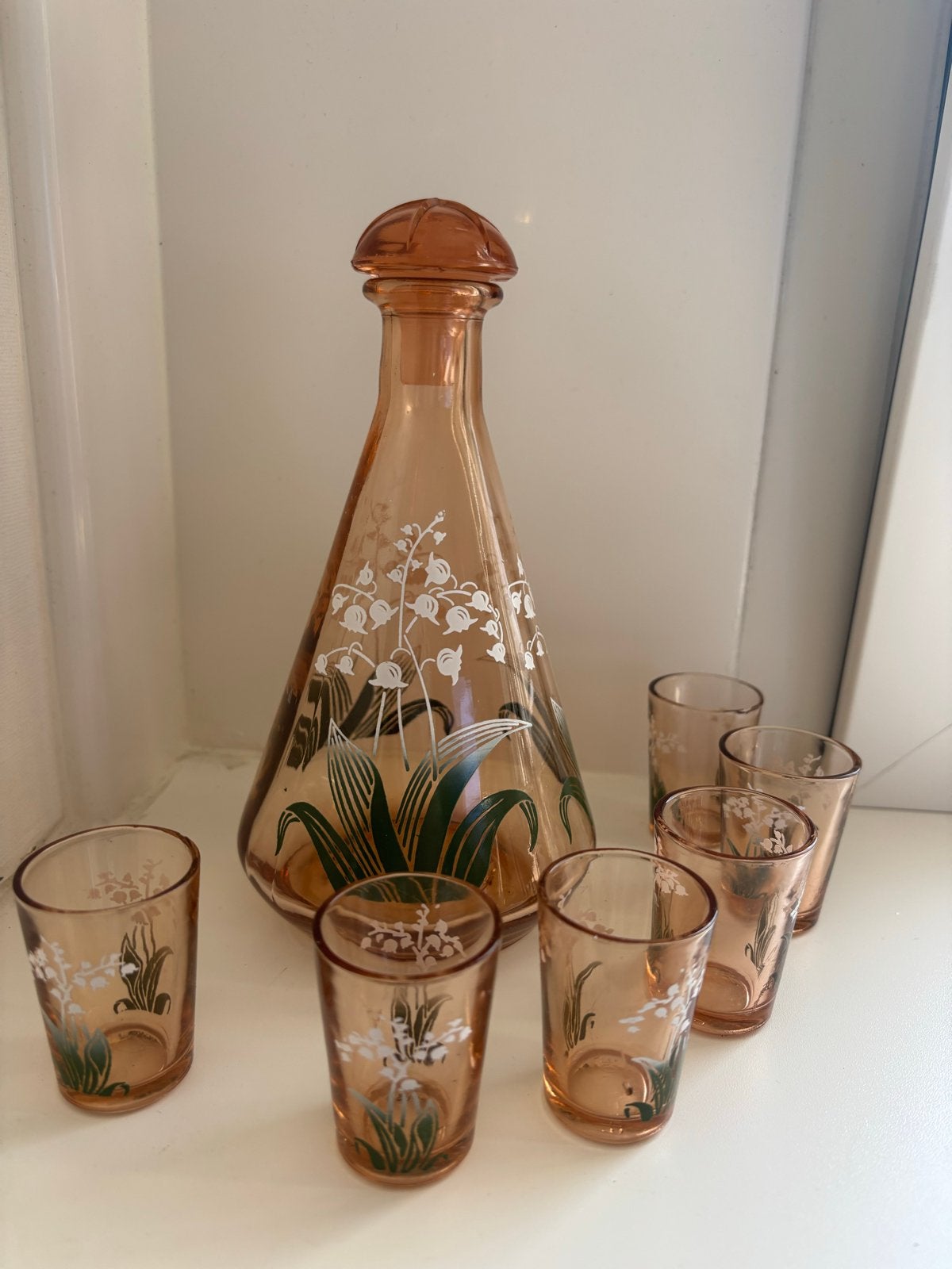 Vintage karaf met 6 borrelglaasjes - Lelietjes-van-dale, Antiek en Kunst, Ophalen of Verzenden
