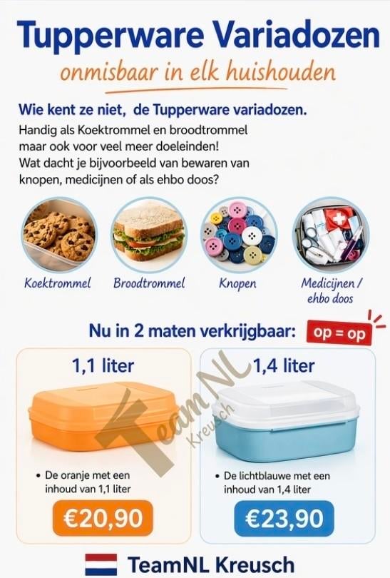 TUPPERWARE Variadoos 1,1/1,4/2,5Lt koek-snoep-brood-cracker, Ophalen of Verzenden, Nieuw, Overige typen