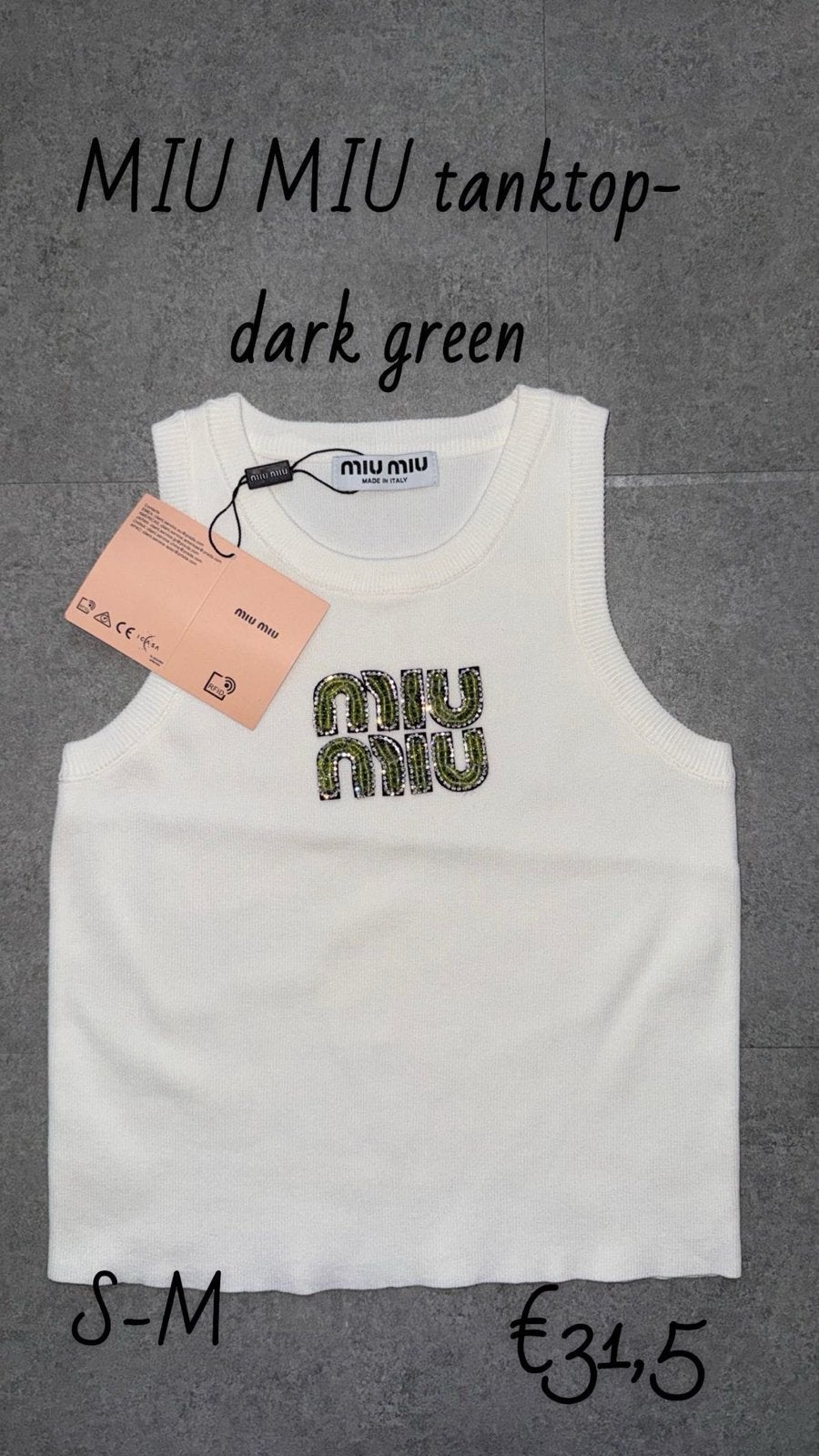 Miu Miu tanktop - Wit met donkergroen logo, Wit, Nieuw, Ophalen of Verzenden, Maat 36 (S)