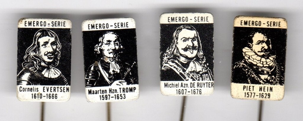 4 speldjes EMERGO ZEEHELDEN EVERTSEN, TROMP, DE RUYTER, HEIN, Verzamelen, Ophalen of Verzenden, Gebruikt, Overige onderwerpen