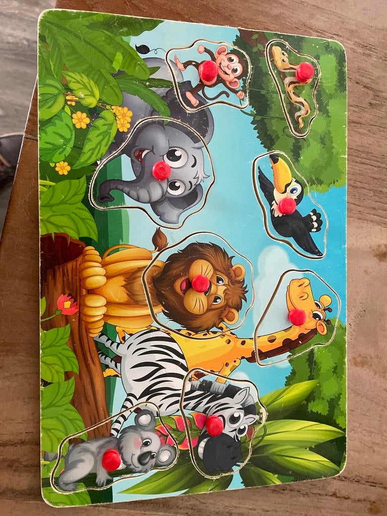 Houten dierenpuzzel met knoppen - Jungle thema, 2 tot 4 jaar, Gebruikt, 10 tot 50 stukjes, Ophalen of Verzenden