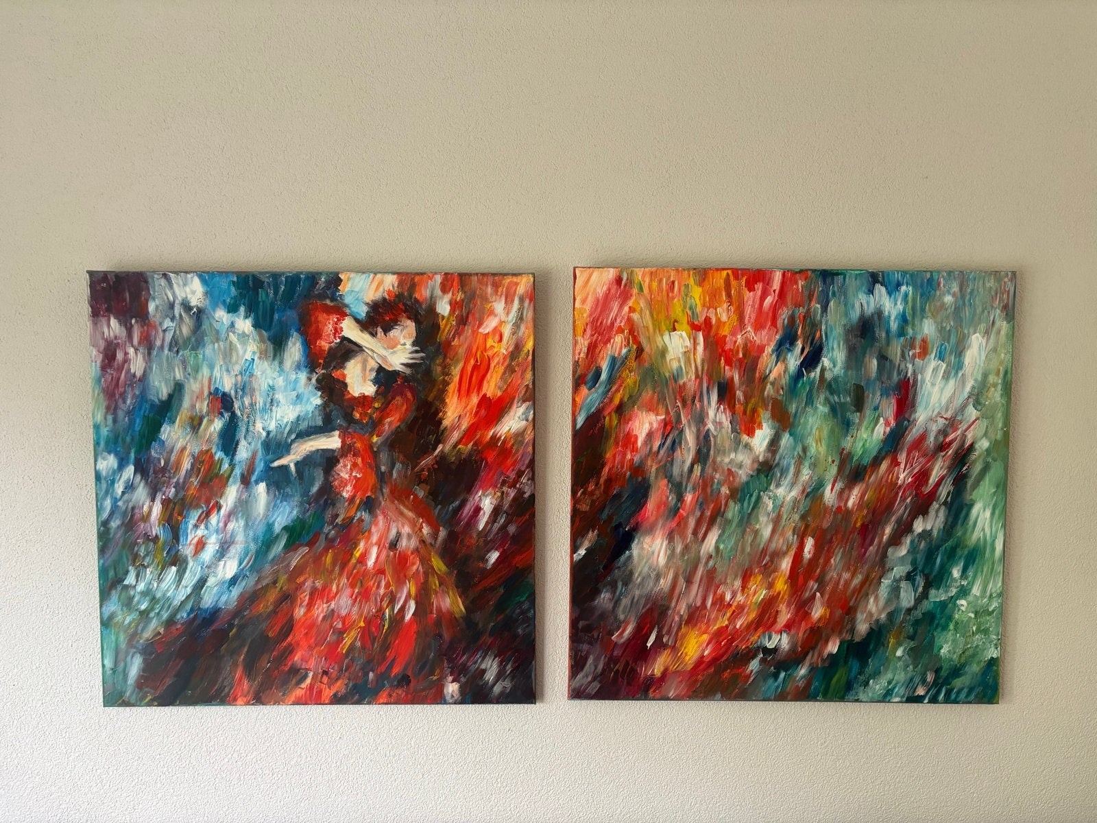 2 Luik modern schilderij Spaanse danseres met mooie kleuren, Figuren, Handgeschilderd, Ophalen of Verzenden, Olieverf