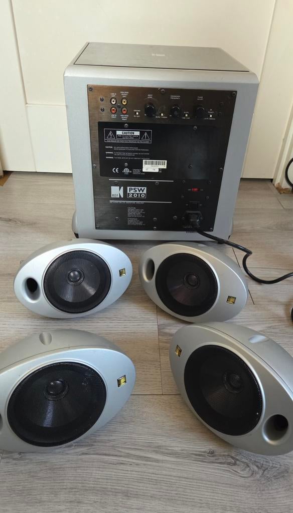 KEF PSW 2010 Subwoofer met 4 satelliet speakers, 70 watt of meer, Overige spelers, Ophalen, Overige merken