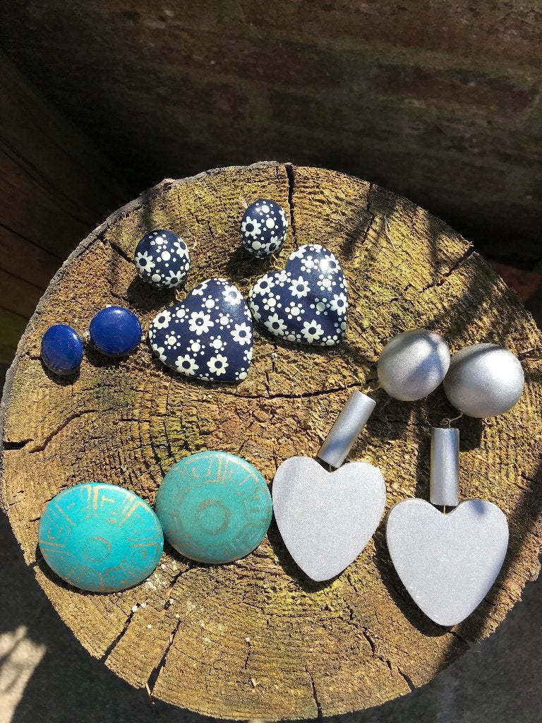 Oorbellen - vintage - blauw groen zilver - hartvormig clips, Ophalen of Verzenden, Zo goed als nieuw, Overige kleuren, Overige materialen