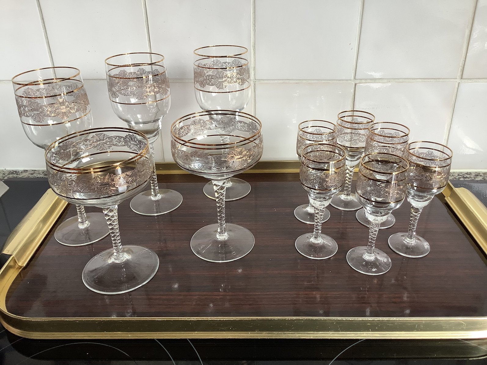 Vintage kristallen Italiaanse glazen op dienblad, Verzamelen, Glas en Borrelglaasjes, Ophalen, Zo goed als nieuw, Overige typen