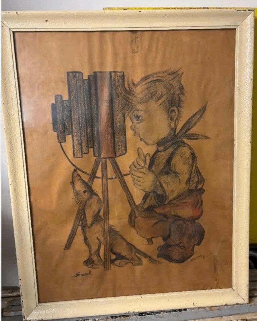 Antiek schilderij Hummel - de fotograaf - 70 x 55 cm, Portret of Personen, Ophalen of Verzenden, Klassiek, Pastel