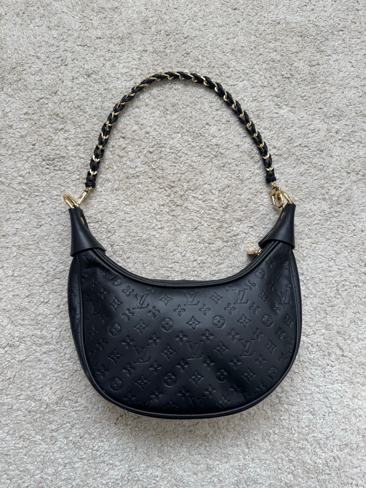 Loop Hobo Tas Zwart Monogram Leer, Ophalen of Verzenden, Zo goed als nieuw, Zwart, Schoudertasje