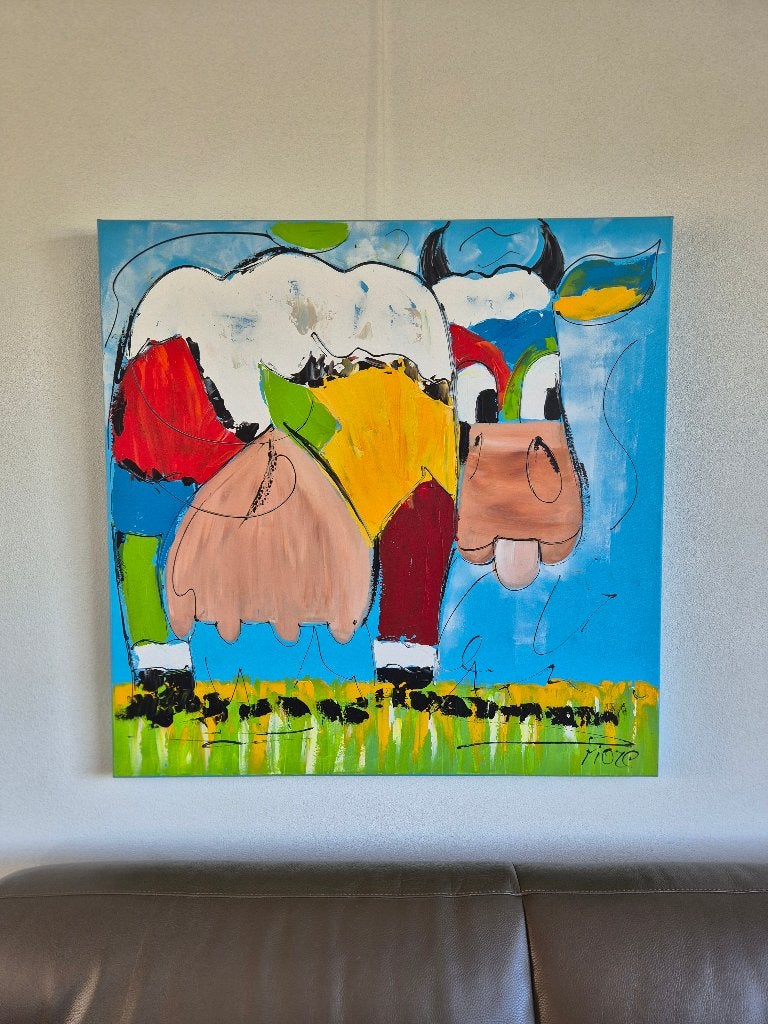 Schilderij 'Nieuwsgierige koe' van Fiore, 90x90 cm, 2015, Acrylverf, Dieren, Overige materialen, Gesigneerd