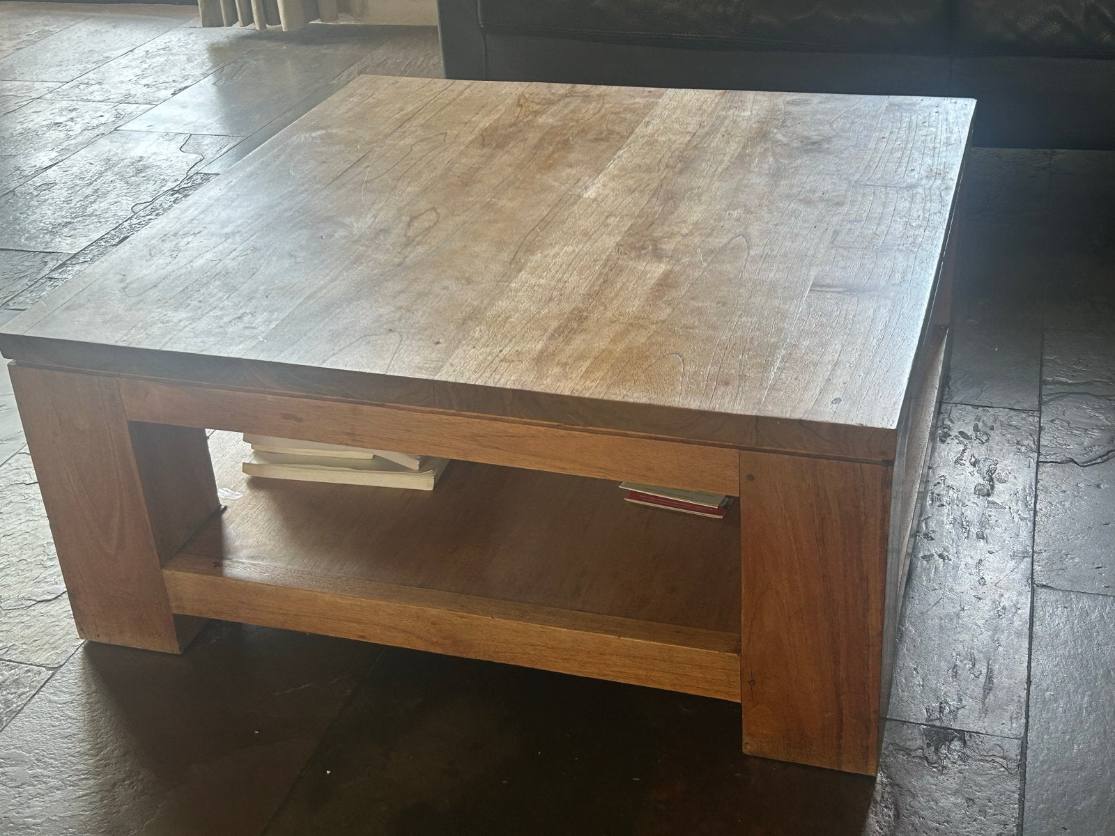 Teak Houten Salontafel 80x80x35 cm, Ophalen, Gebruikt, 50 tot 100 cm, 5 – 50
