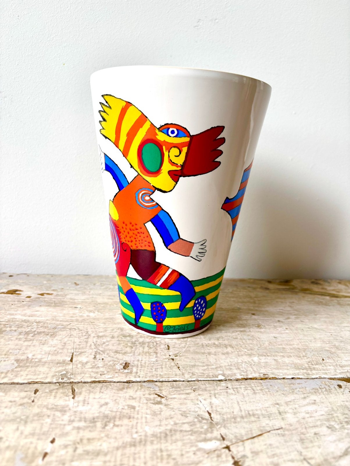 Keramische vaas uit 1999 van de NL kunstenaar Clemens Briels, Antiek en Kunst, Wit, Vaas, 18 cm, Ophalen of Verzenden