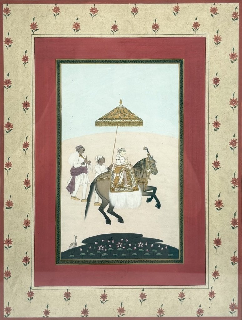 1037. Miniatuurschilderij, Indiase School – vorst, 20e eeuw, Antiek en Kunst, Schilderij, India, 39 cm, Ingelijst