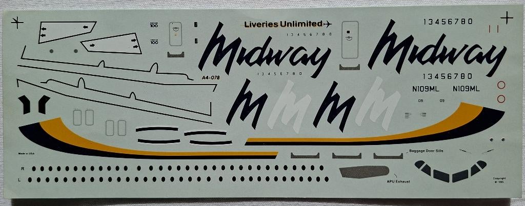 Liveries United decal Midway Airlines voor Fokker 100 1/144, Hobby en Vrije tijd, Modelbouw | Vliegtuigen en Helikopters, Overige merken