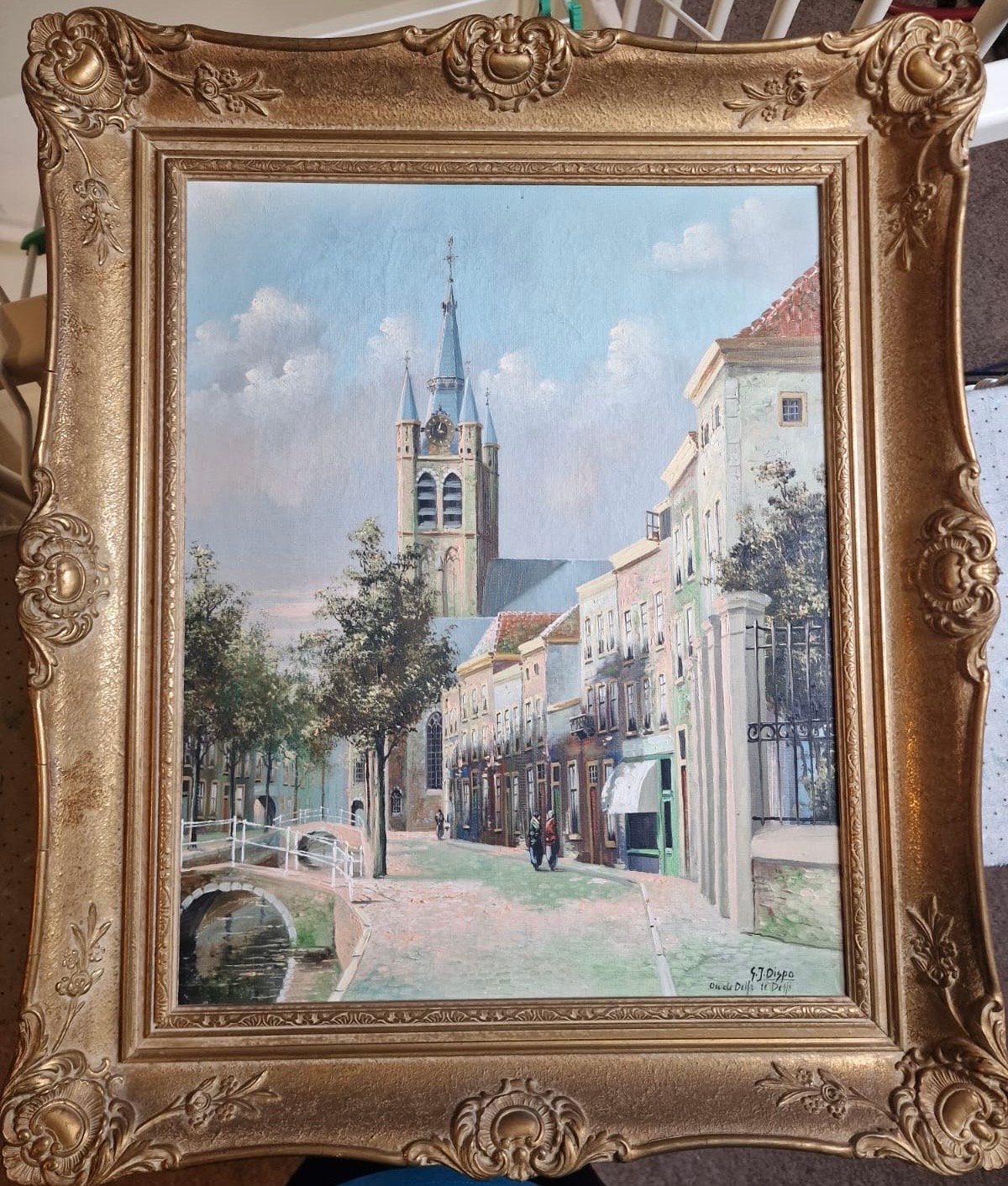 Schilderij "De Oude Delft" van G.J. Dispo in sierlijke lijst, Antiek en Kunst, Ophalen