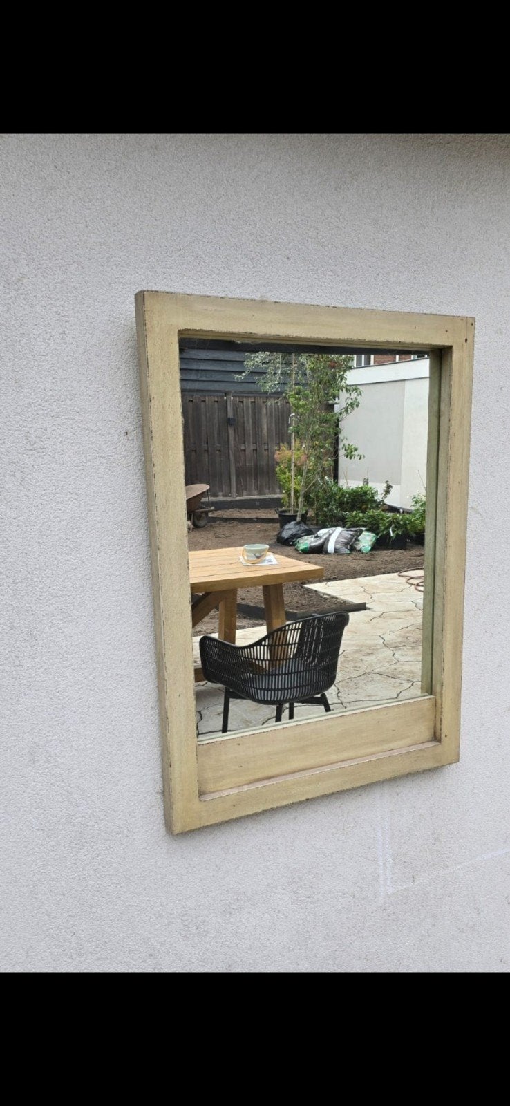 Grote houten landelijke/brocante  (terras)spiegel, Ophalen, Rechthoekig, Minder dan 100 cm