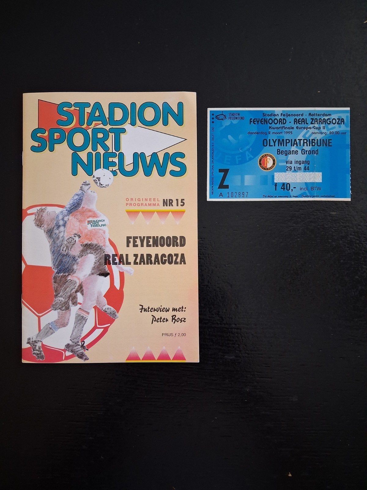 Programma/ticket Feyenoord-Zaragozza 1/4 Finale EC II 94/95, Verzamelen, Ophalen of Verzenden, Gebruikt, Feyenoord