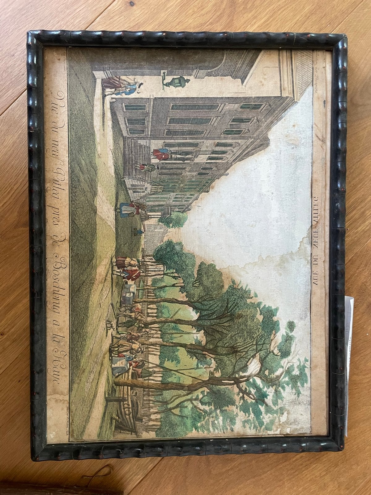 Antieke Ets: 'Vue du nouveau Palais pres de Boschbrug a la H, Antiek en Kunst, Handgekleurd, Ets, Stadsgezicht, Ophalen of Verzenden