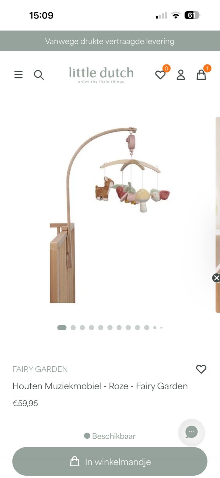 Little Dutch Houten Muziekmobiel - Roze - Fairy Garden, Ophalen of Verzenden, Zo goed als nieuw, Mobiel, Met geluid