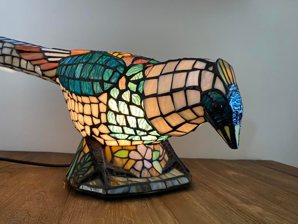 Bijzondere unieke mooie grote Tiffany tafellamp fazant, Gebruikt, Tiffany lamp, Ophalen of Verzenden, Glas