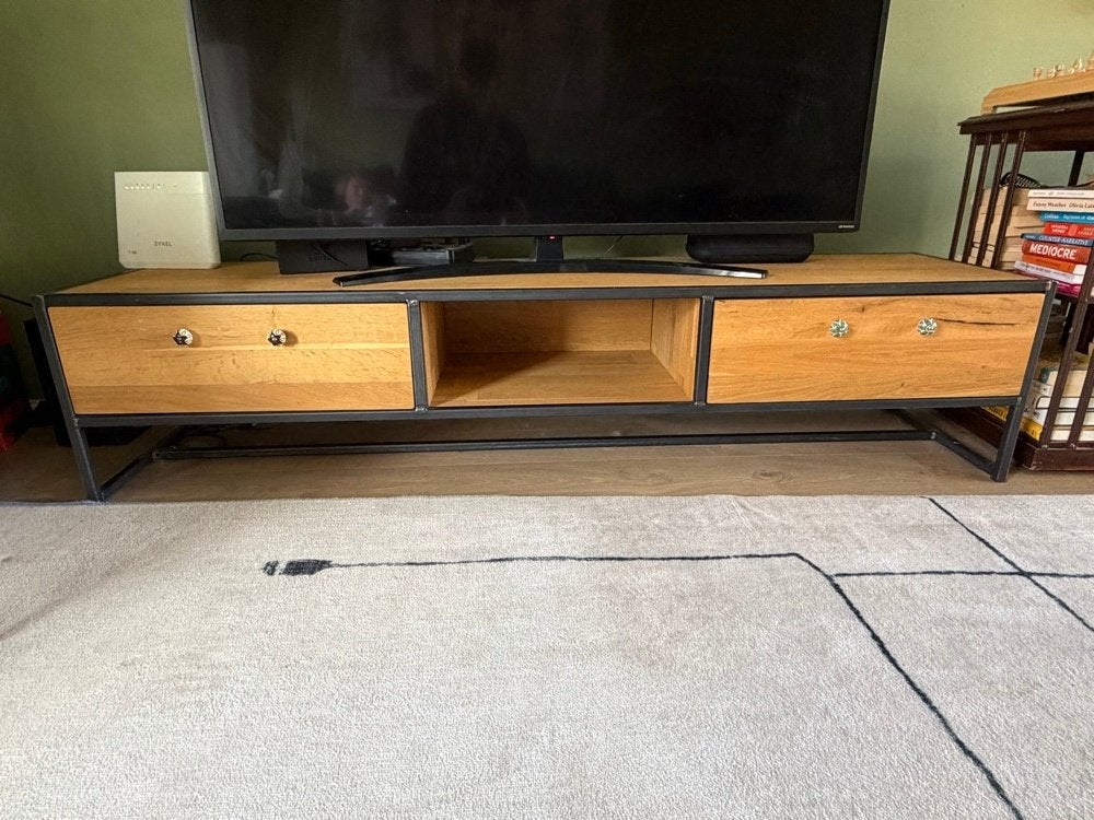 Industrieel TV-meubel – Massief Eiken & Gelast Stalen Frame, Huis en Inrichting, Kasten | Televisiemeubels, Ophalen, 150 tot 200 cm