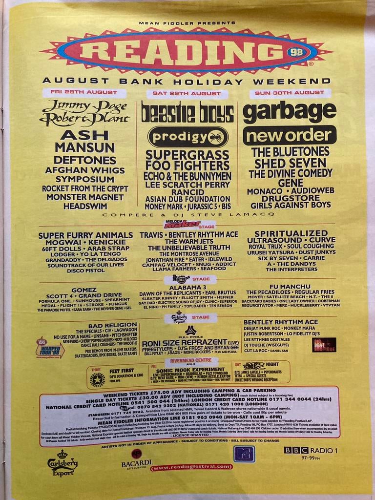 Paginagrote A3 advertentie READING Festival 1998 Beastie Bo, Ophalen of Verzenden, Zo goed als nieuw, Film en Tv