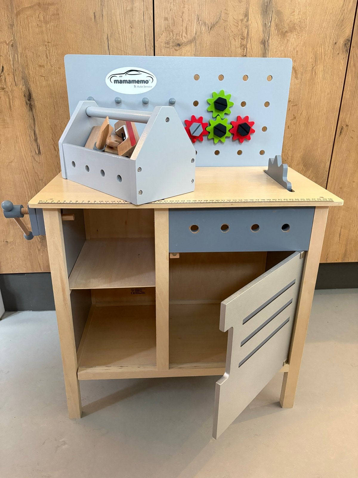 Mamamemo Houten Werkbank met Gereedschap, Ophalen of Verzenden, Zo goed als nieuw, Jongen of Meisje