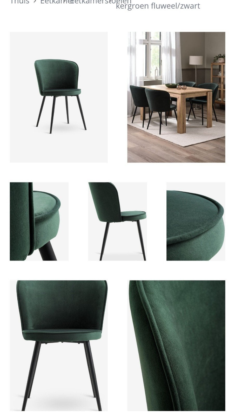4 zeer nette donkergroene fluwelen eetkamerstoelen rookvrij., Ophalen, Overige kleuren, Zo goed als nieuw, Vier