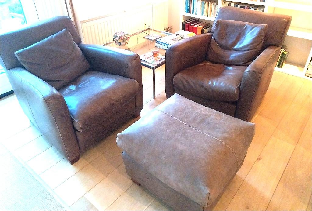 2 LINTELOO  fauteuils met Hocker, Leer, van Jan te Lintelo, Gebruikt, 100 tot 125 cm, Ophalen of Verzenden, Leer