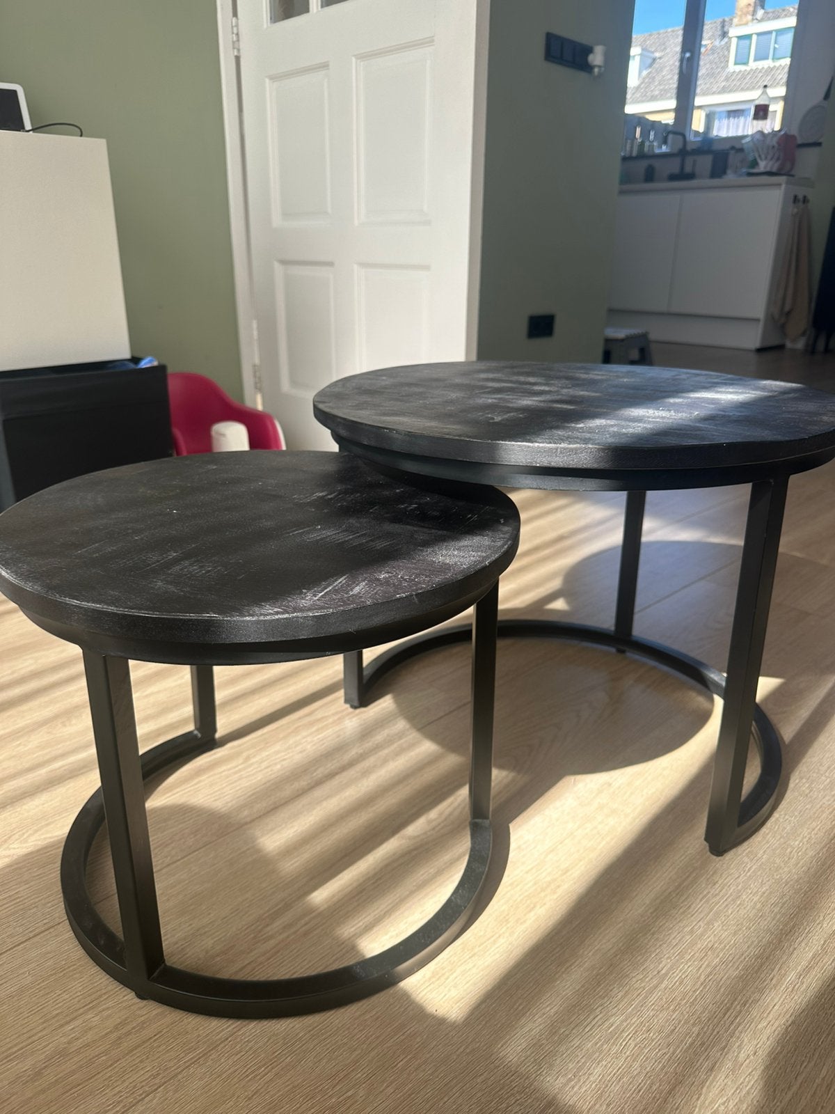 Set van 2 ronde salontafels - mangohout & ijzer, Ophalen, Minder dan 50 cm, Rond, Minder dan 50 cm