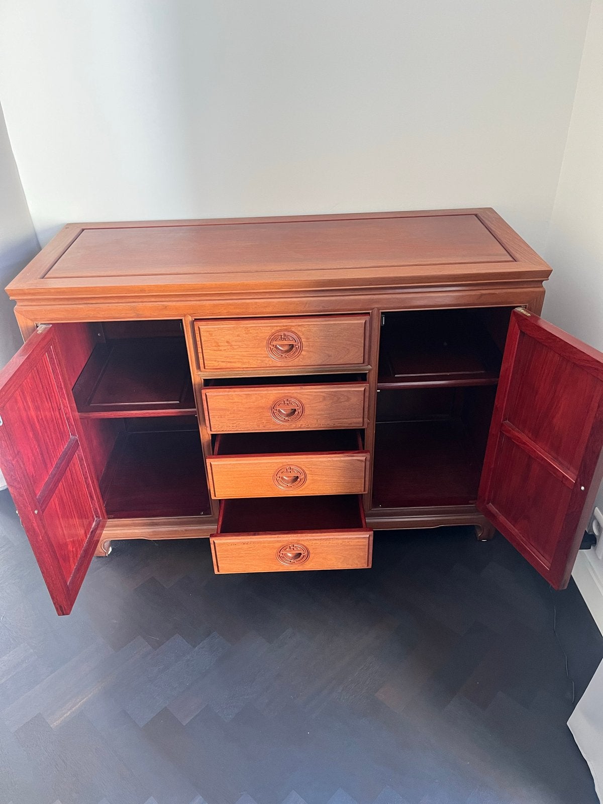 Chinese rozenhouten kast met 4 lades en 2 deuren, Ophalen, Gebruikt, 100 tot 150 cm, Met lade(s)
