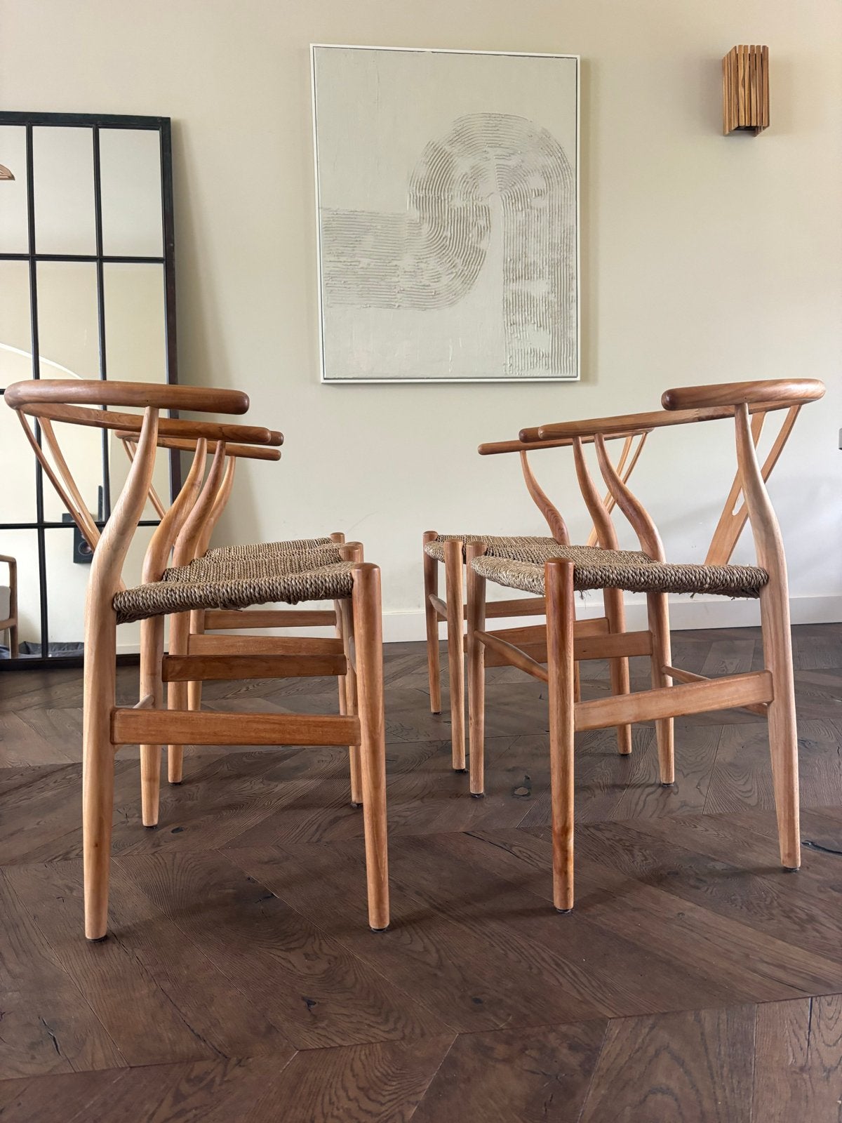 Set van 4 Wishbone stoelen - Hout en Riet, Overige kleuren, Ophalen of Verzenden, Zo goed als nieuw, Vier