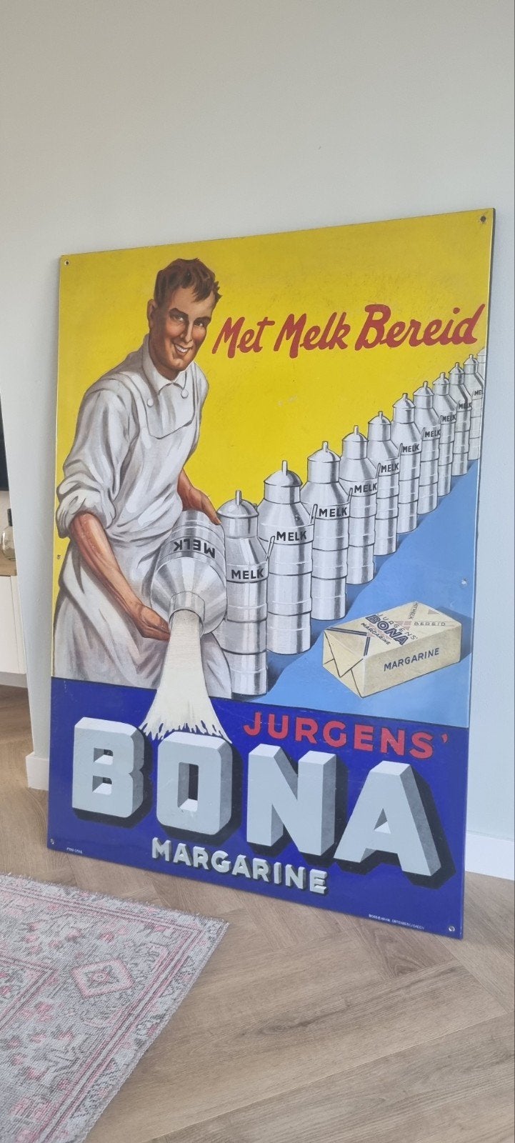 Antiek emaille XXL reclamebord Bona Margarine, Ophalen of Verzenden, Gebruikt, Reclamebord