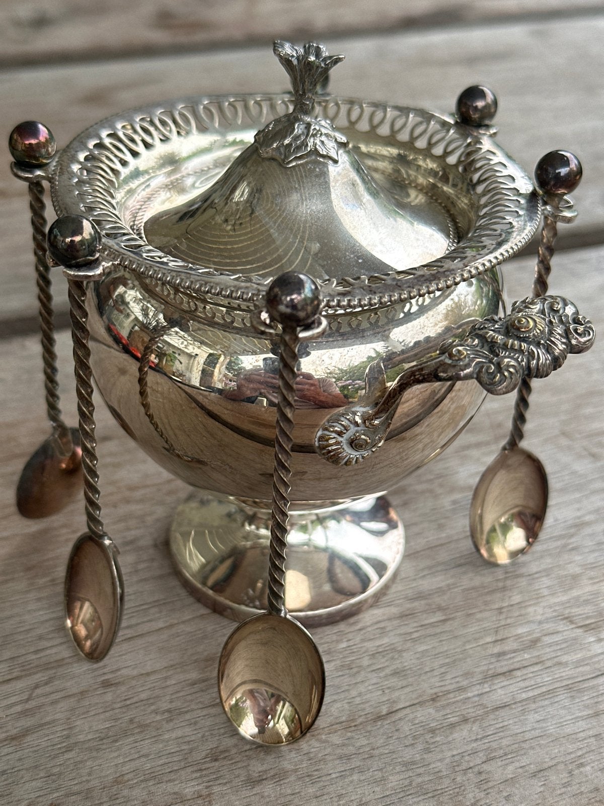 Antieke verzilverde  suikerpot met lepels - Hamco, Antiek en Kunst, Ophalen of Verzenden, Zilver