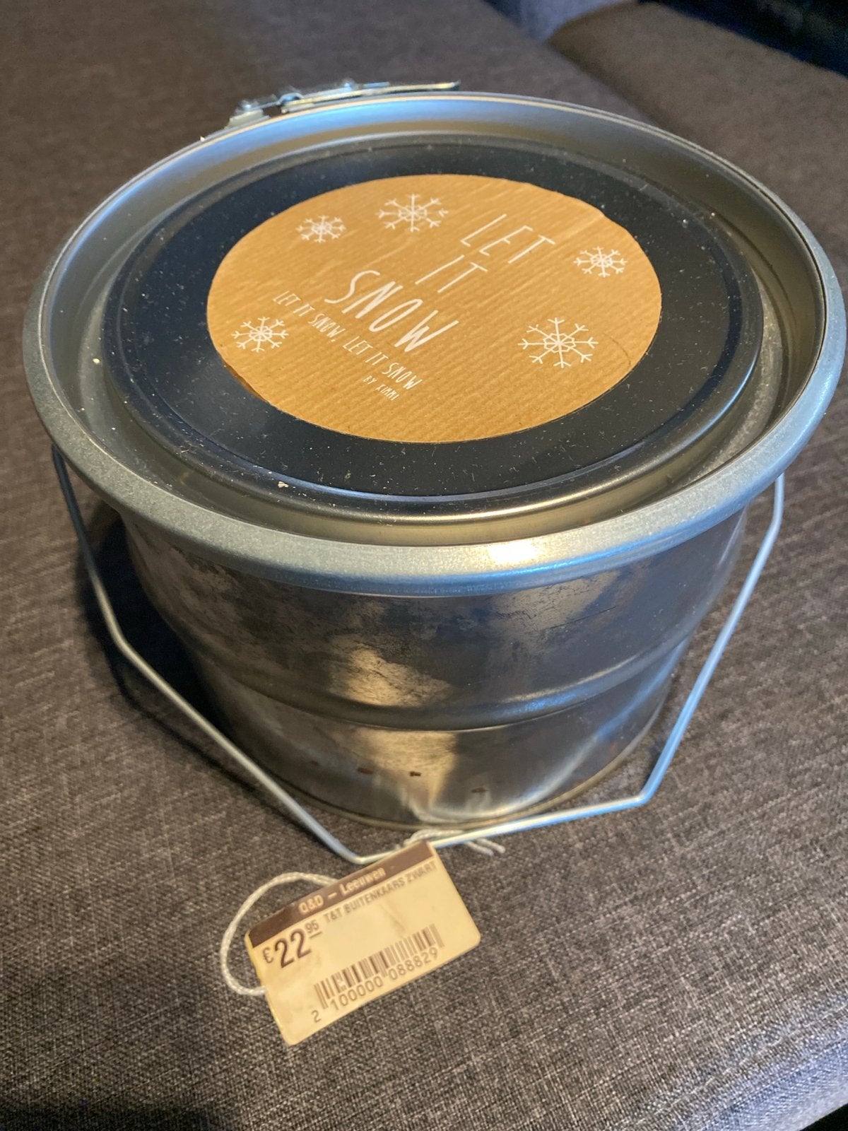 Buitenkaars in metalen emmer - Let it Snow, Ophalen, Nieuw, Metaal, Kaars