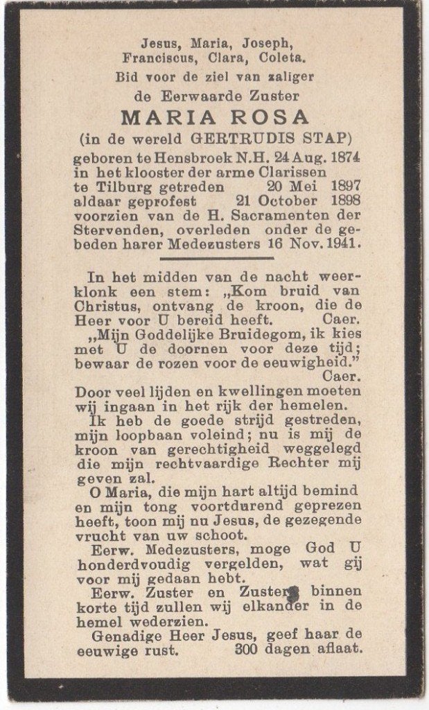 zr. Gertrudis Stap 1874 Hensbroek (NH) + 1941 Tilburg, 67 jr, Verzamelen, Verzenden