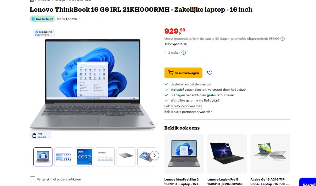 Lenovo Thinkbook, Computers en Software, Windows Laptops, Zo goed als nieuw, 16 inch, SSD, 4 Ghz of meer, 16 GB, Azerty, Met videokaart