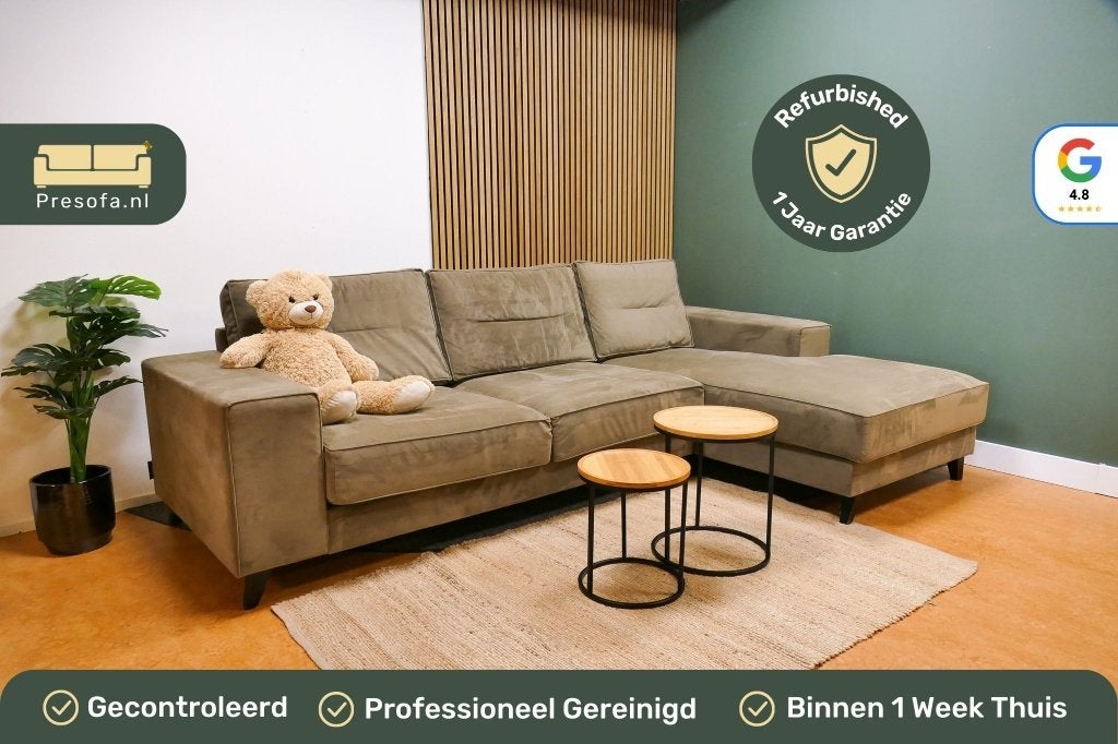 Brede Hoekbank Met Chaise Longue Bruin Groen [Refurbished], 250 tot 300 cm, -, -, Hoekbank
