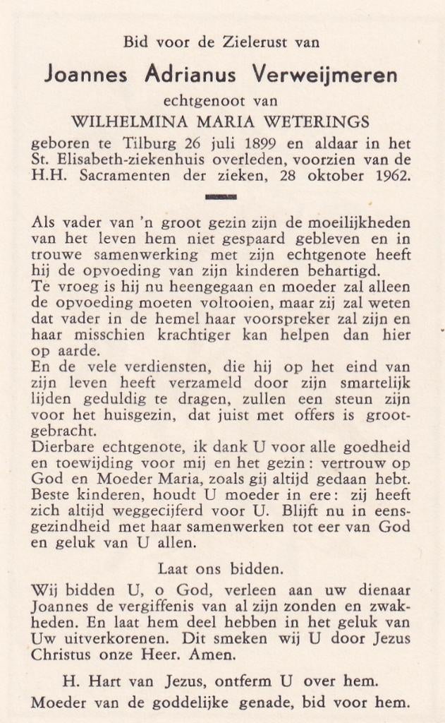 Verweijmeren Joannes 1899 Tilburg 1962, Ophalen of Verzenden, Bidprentje