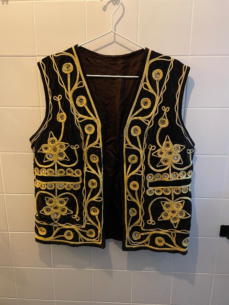 Vintage Gilet XL, zwart, goud, gouddraad, Ophalen, Zwart, Maat 42/44 (L), Zo goed als nieuw