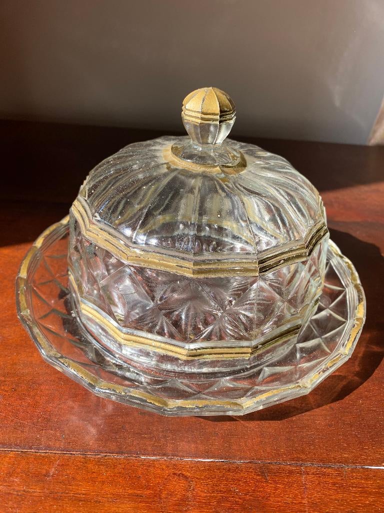 Brocante, art deco glazen stolp met onderbord, Ophalen of Verzenden