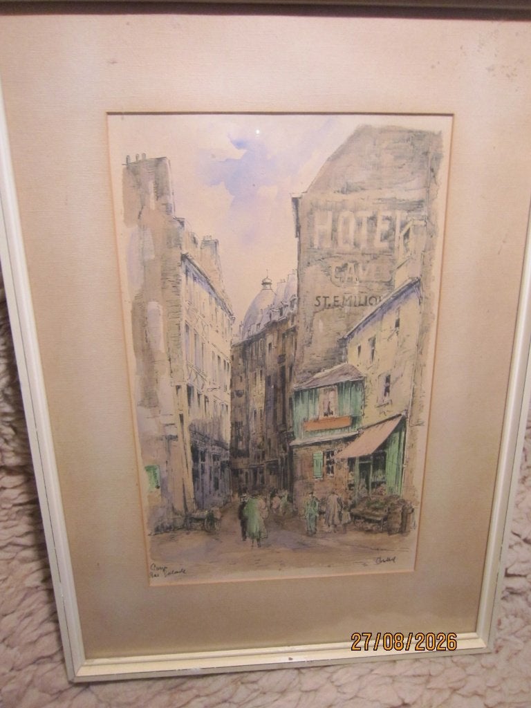 Parijs, RUE GALANDE, Mooie  Kleuren aquarel BOB BROBBEL, Overige herkomsten, Ophalen of Verzenden, Schilderij, Papier/karton